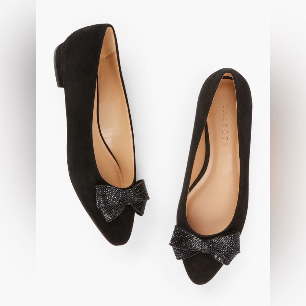 Talbots Edison Bow Suede Flats Black Suede‎ Sparkly Bow Size 6